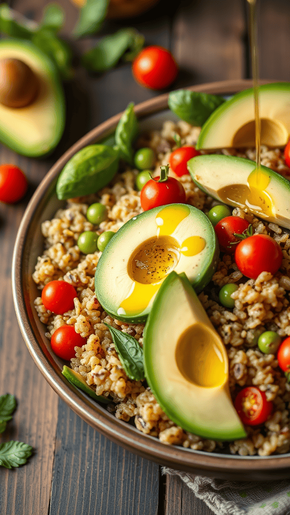 A vibrant quinoa and brown rice salad featuring sliced avocado, cherry tomatoes, and greens, drizzled with olive oil.