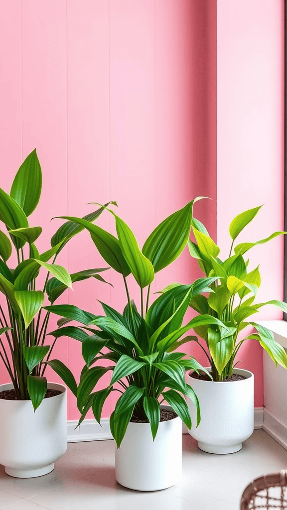 Three indoor plants in white pots against a pink wall