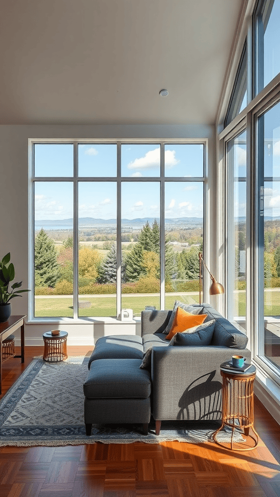 A cozy couch next to large windows with a view of nature.