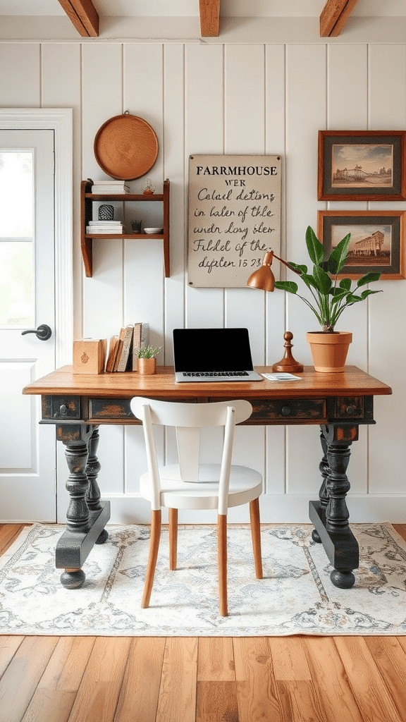 A cozy home office featuring a rustic desk, white chair, and decorative elements for a unique farmhouse feel.