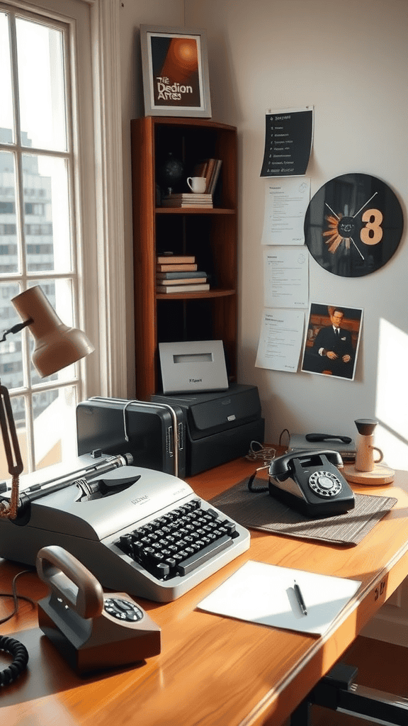 A retro desk setup showcasing vintage technology, including a typewriter and rotary phone.