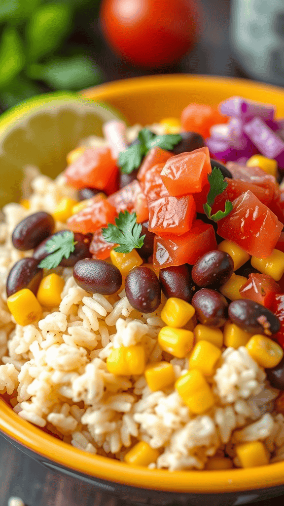 A vibrant rice and bean burrito bowl with toppings like tomatoes, corn, and cilantro.