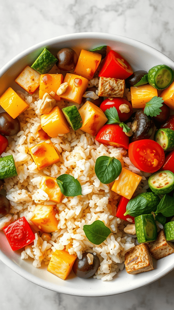 A bowl of rice topped with roasted vegetables including peppers, zucchini, and cherry tomatoes.