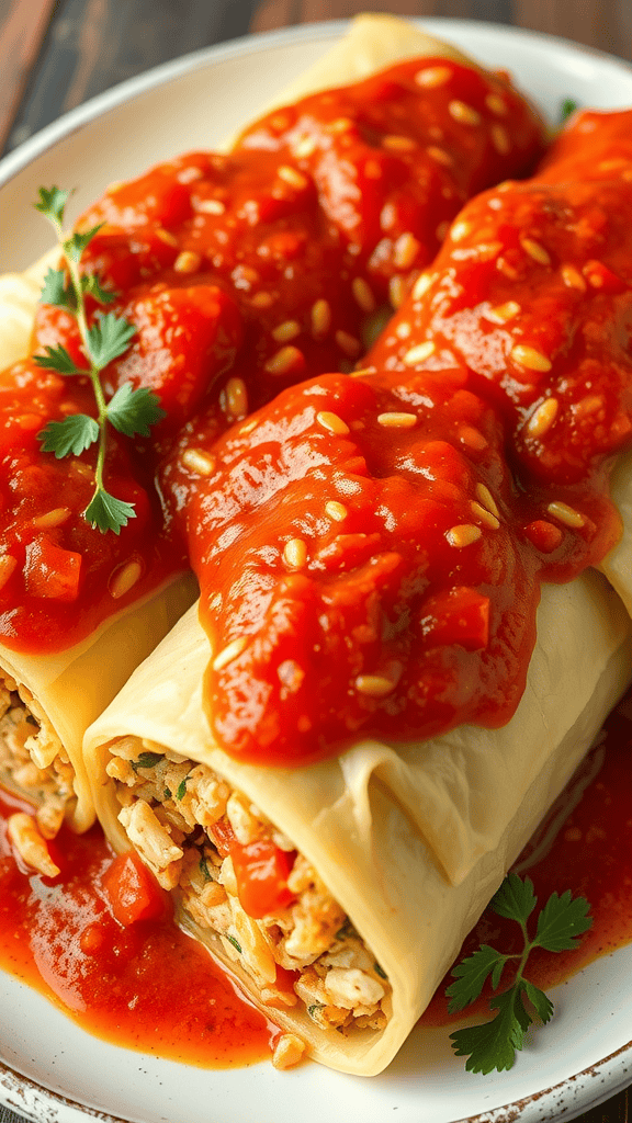 Plate of rice and vegetable stuffed cabbage rolls with a rich tomato sauce on top