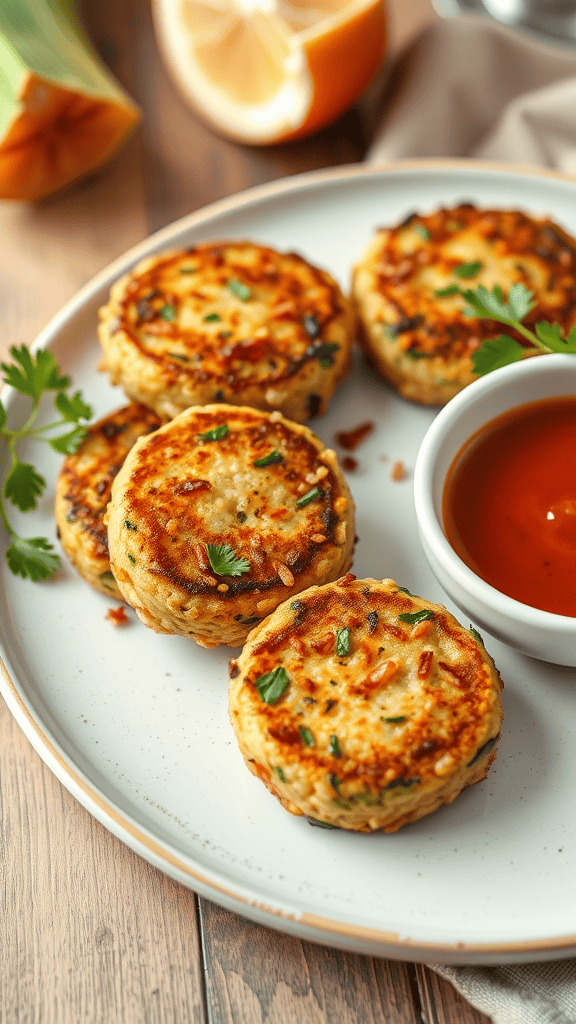 A plate of golden-brown rice and zucchini fritters with a bowl of dipping sauce.