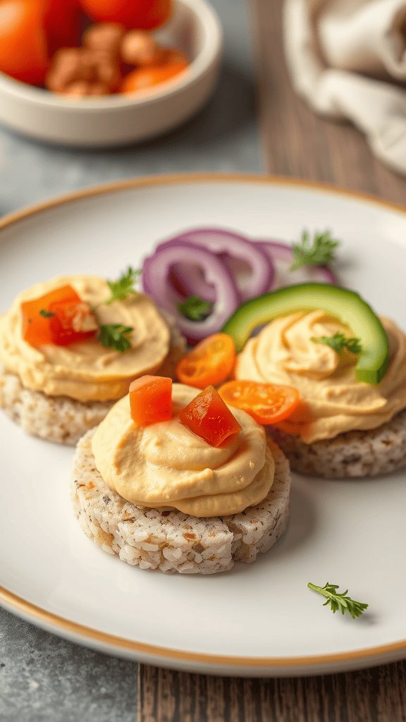 Rice cakes topped with hummus, tomatoes, and a variety of veggies on a plate.