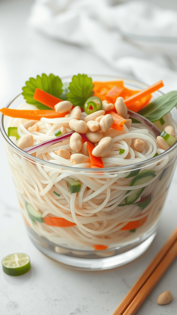 A vibrant bowl of rice noodle salad topped with peanuts and fresh vegetables.