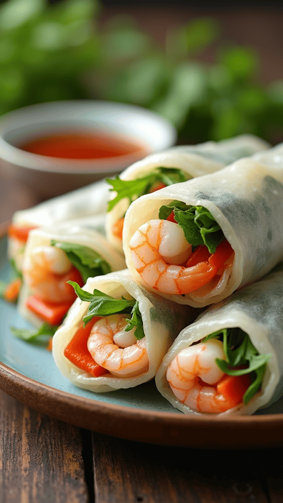 Plate of shrimp rice paper spring rolls with fresh vegetables