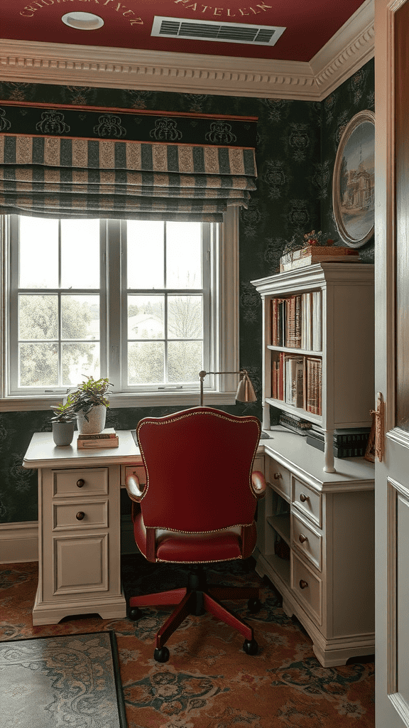 Victorian-style home office with richly colored wallpaper, a desk, and a cozy chair.