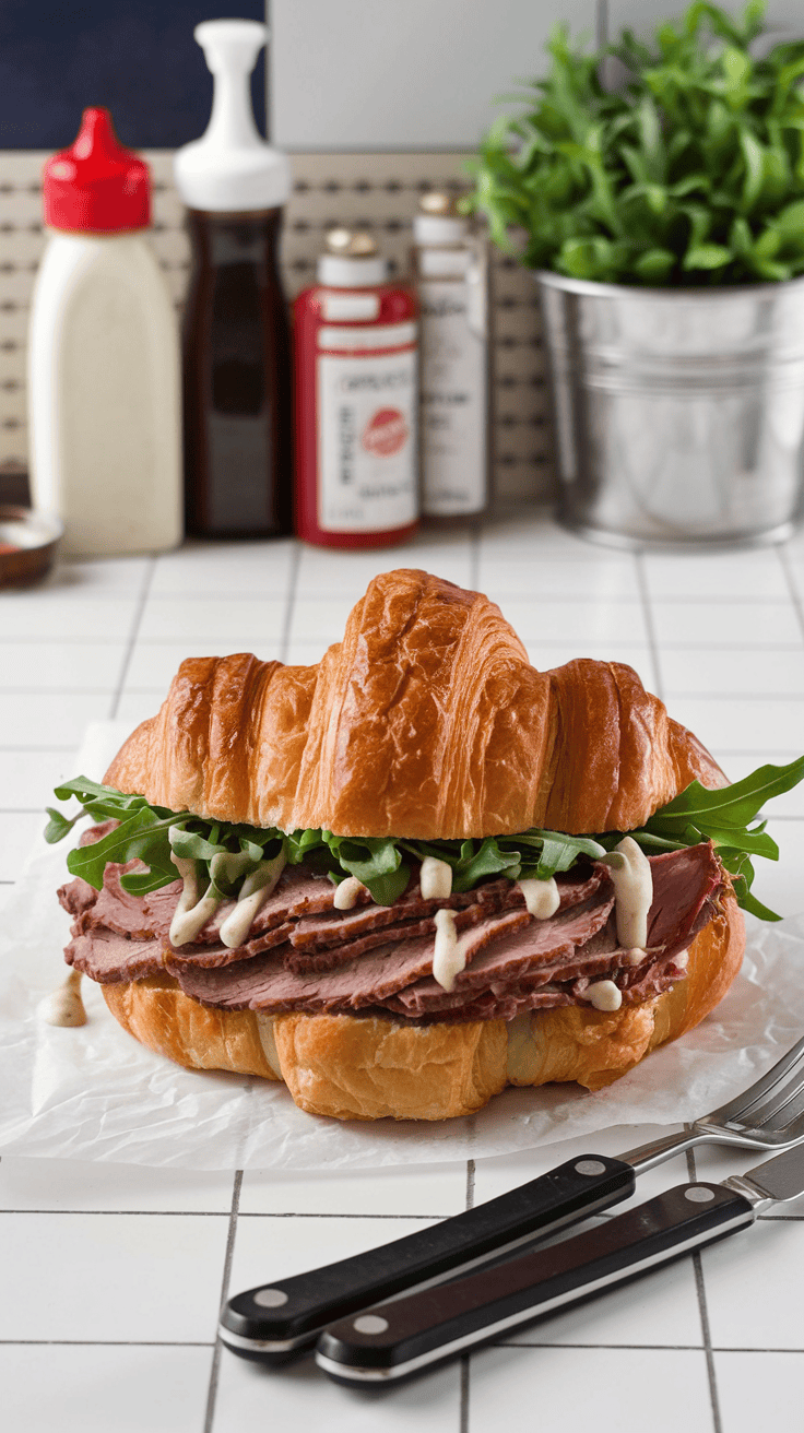 A delicious roast beef and horseradish croissant, filled with layers of beef and greenery.