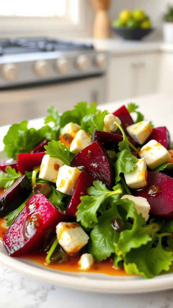 A colorful roasted beet and goat cheese salad with fresh greens and a tangy dressing.