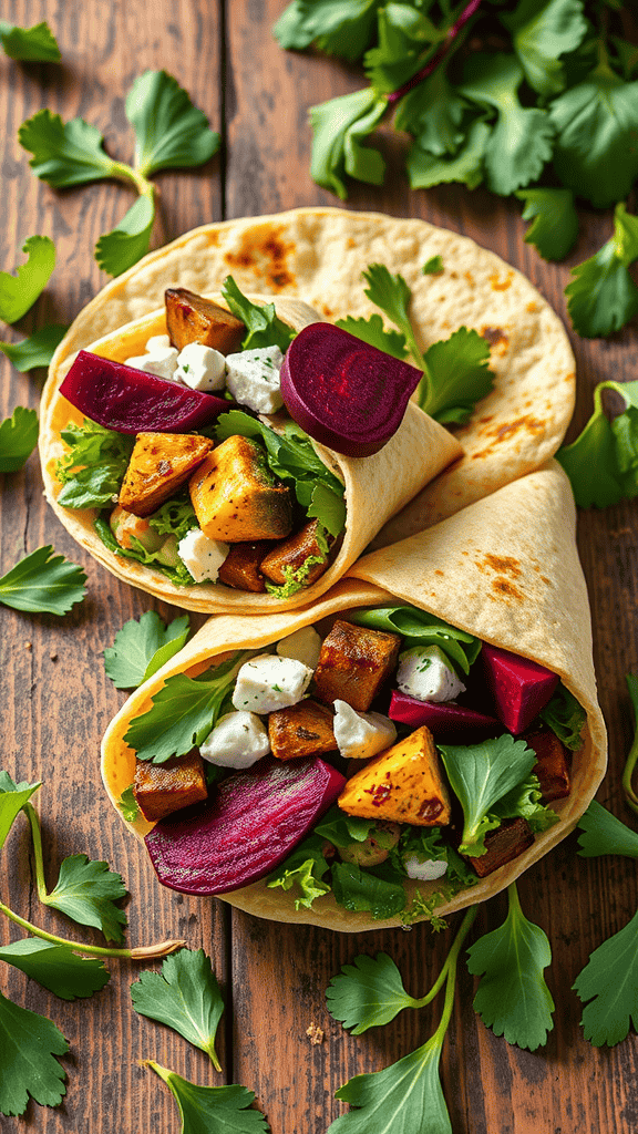 A delicious roasted beet and goat cheese wrap with greens and herbs on a wooden surface.