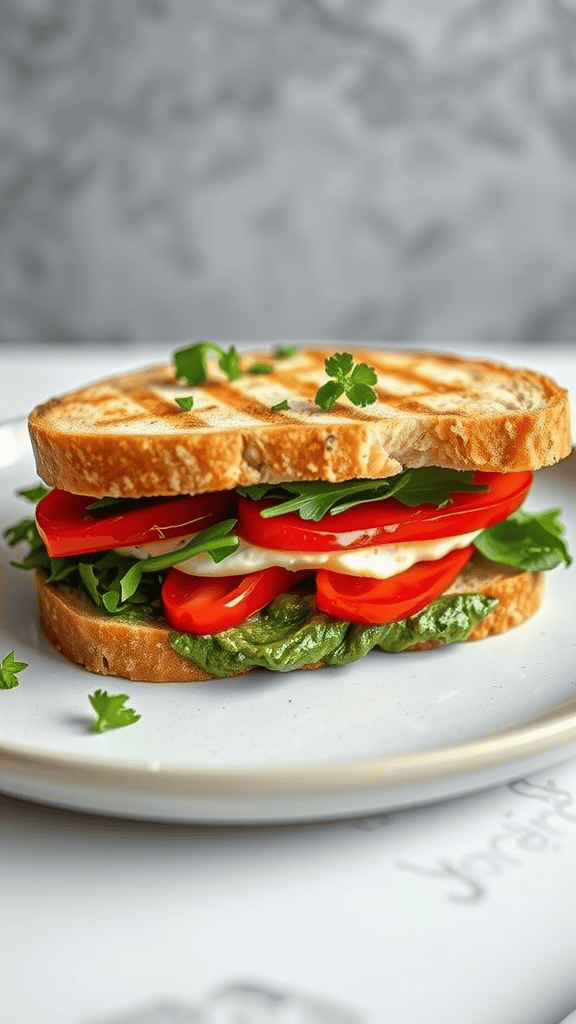 A sandwich with grilled bread, roasted red peppers, goat cheese, and fresh greens on a plate.