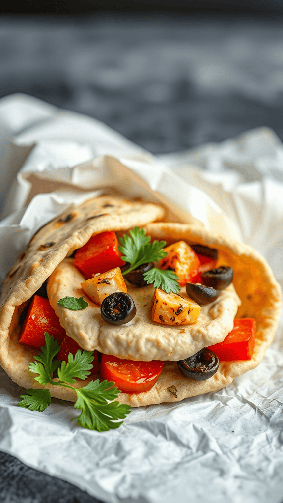 A roasted vegetable and hummus pita filled with colorful veggies, displayed on crumpled parchment paper.