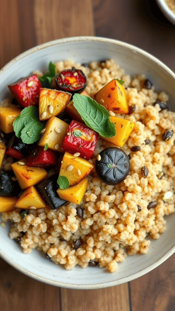 A bowl of quinoa topped with vibrant roasted vegetables and fresh mint.