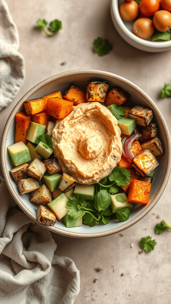 A bowl filled with roasted vegetables, hummus, and fresh herbs, showcasing a colorful and healthy meal.