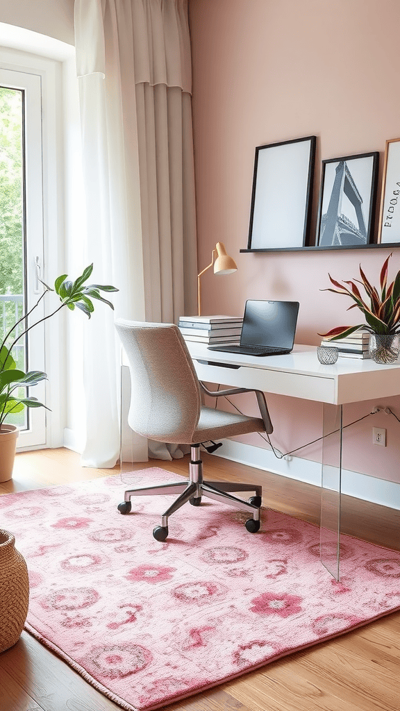 A cozy home office featuring a soft pink rug, a modern desk, and plants.