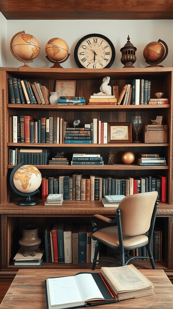 A rustic bookshelf filled with antique books, accompanied by globes and a clock, creating a cozy vintage home office atmosphere.