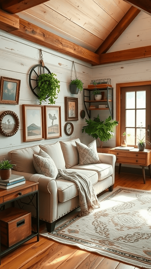 A cozy farmhouse living room featuring a beige sofa with decorative pillows, wooden accents, and plants.