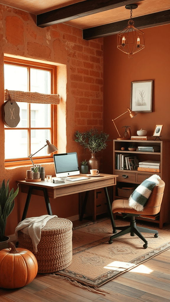 A warm and inviting workspace featuring terracotta walls, a wooden desk, and cozy decor.