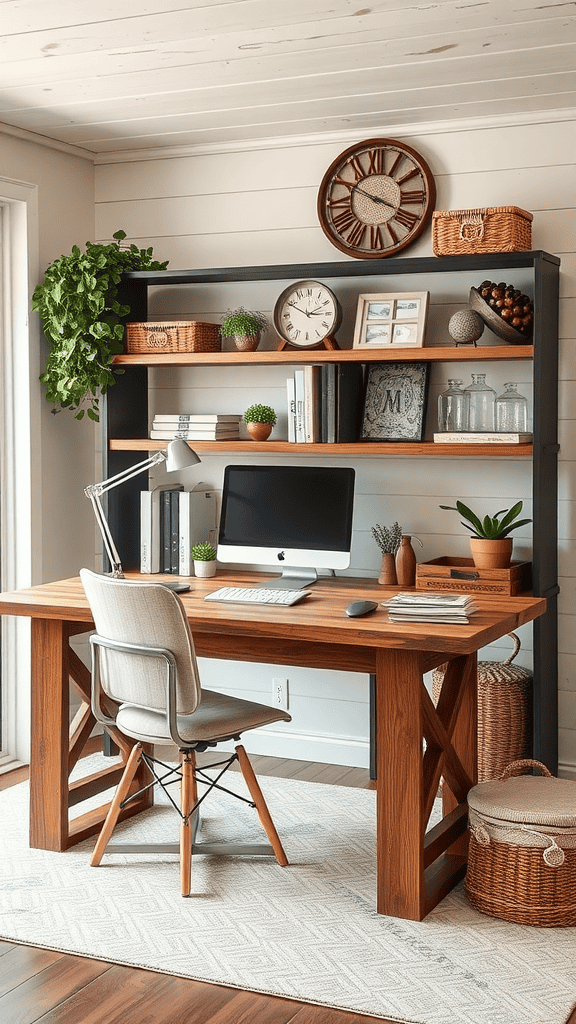 A rustic wooden desk in a bright home office with modern touches, featuring plants and decorative shelves.