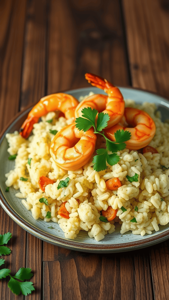 A plate of salsa verde rice topped with shrimp and fresh cilantro on a wooden table.