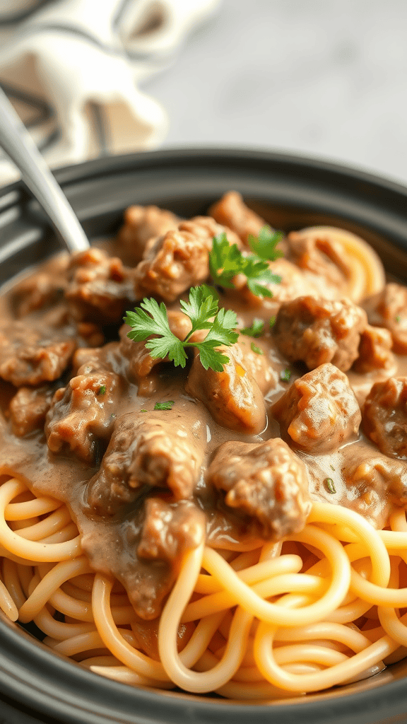 A bowl of beef stroganoff with spaghetti, garnished with parsley.