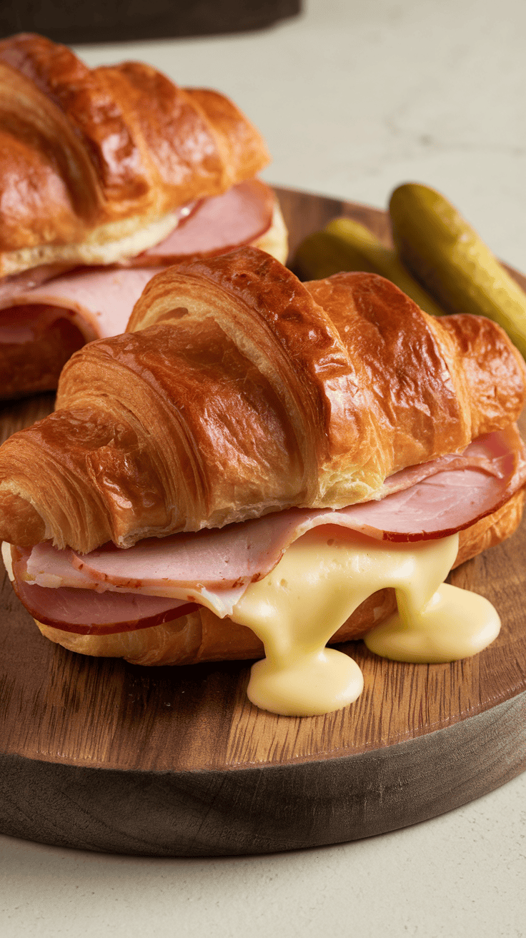 A close-up of a ham and cheese croissant with melted cheese oozing out, placed on a wooden board alongside pickles.