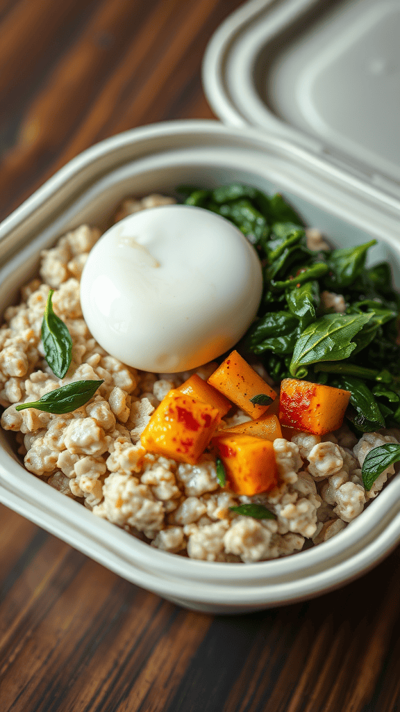 A savory oatmeal bowl with a poached egg, spinach, and diced sweet potato in a takeout container.