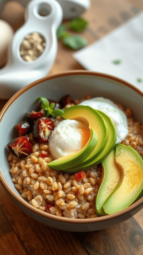 A bowl of savory oatmeal topped with a poached egg, avocado slices, and cherry tomatoes.