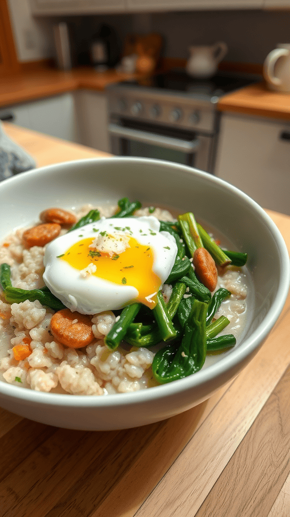 A bowl of savory oatmeal topped with greens and a poached egg, set against a kitchen background.