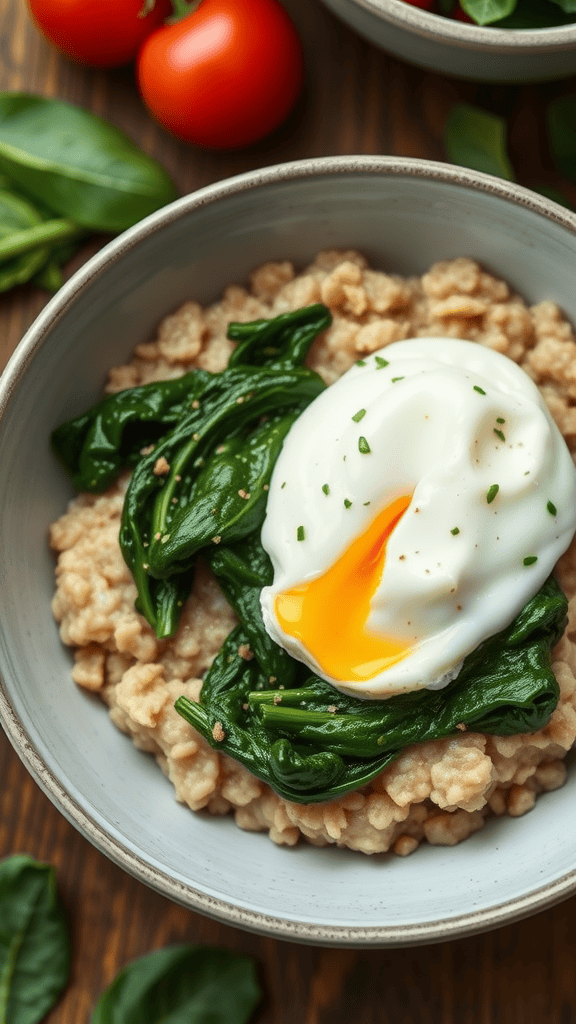 Bowl of savory oatmeal topped with spinach and a poached egg