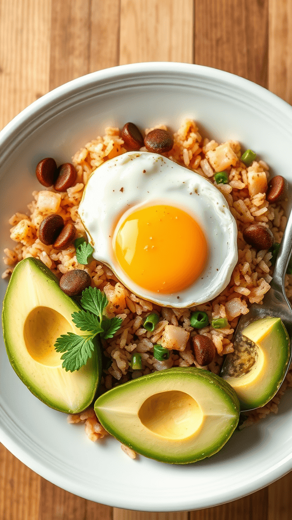 A breakfast bowl with rice, a fried egg, and avocado slices.