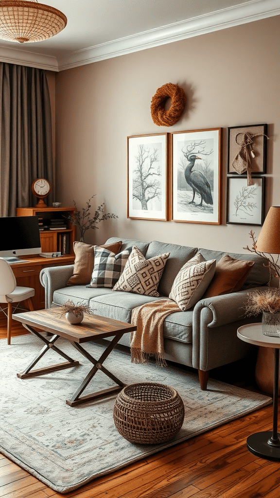 A cozy living room featuring a sofa with decorative pillows, a wooden coffee table, and seasonal decor on the walls.