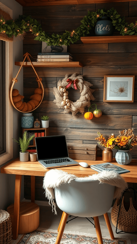 A cozy workspace with seasonal decorations including a wreath, pumpkins, and greenery.