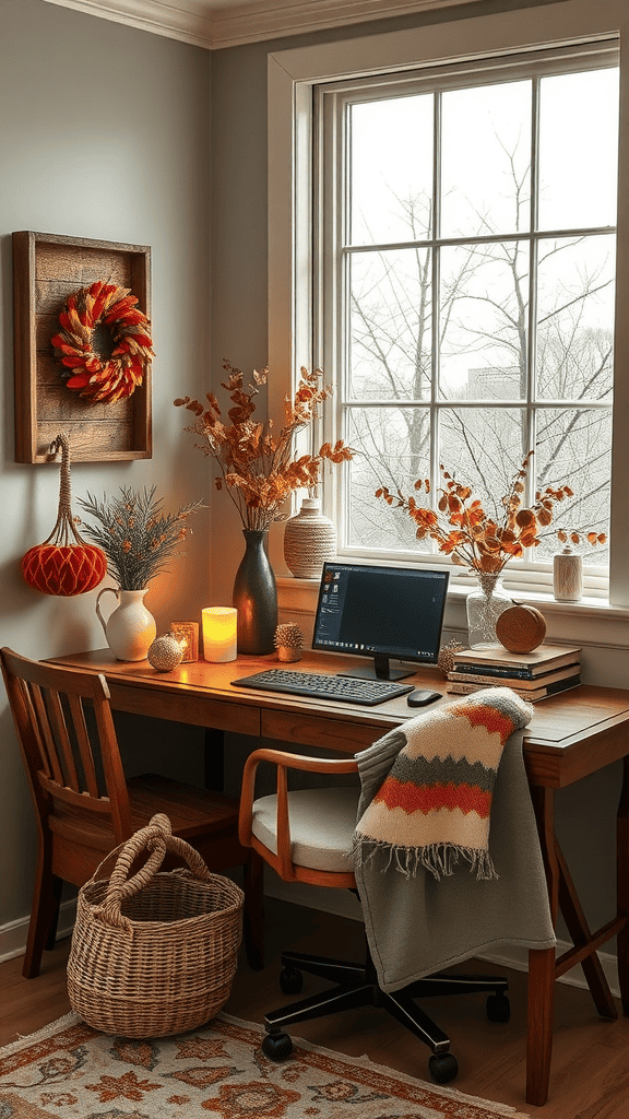 A cozy autumn-inspired workspace featuring a wooden desk, plants, a wreath, and seasonal decor.