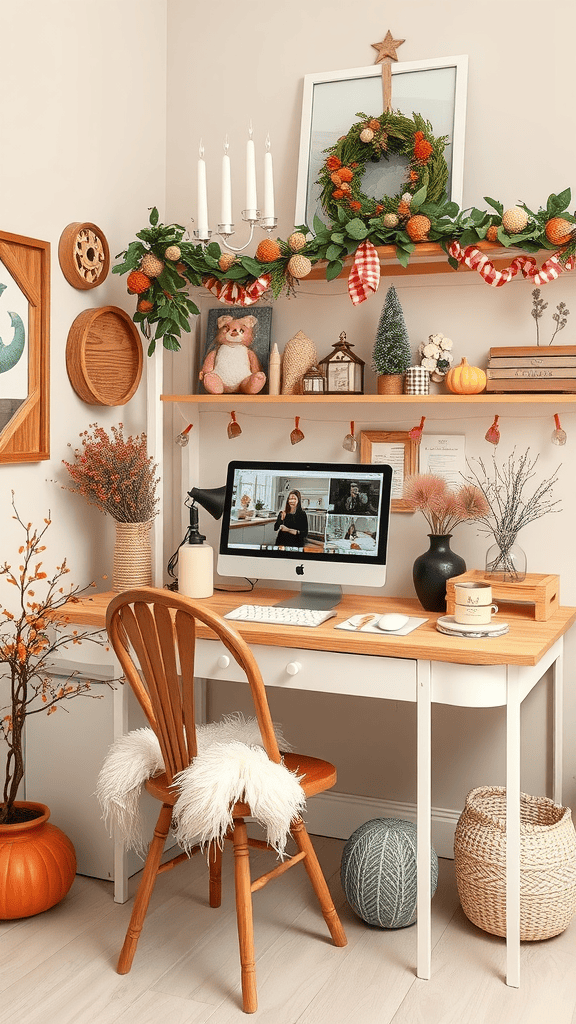 A cozy, decorated workspace with seasonal decor elements.