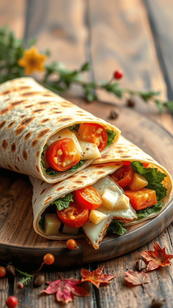 A delicious grilled veggie and cheese wrap with fresh tomatoes and lettuce, placed on a wooden board with autumn leaves.