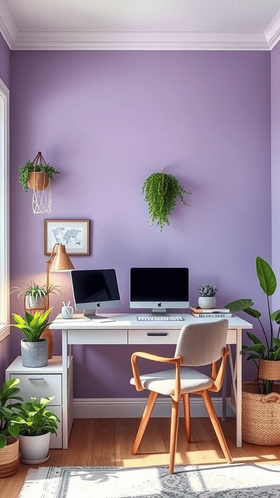 A serene workspace featuring a lavender wall, plants, and a modern desk setup