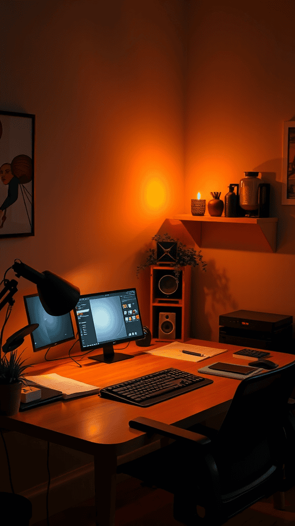 A cozy workspace illuminated by soft lighting from a lamp and a candle