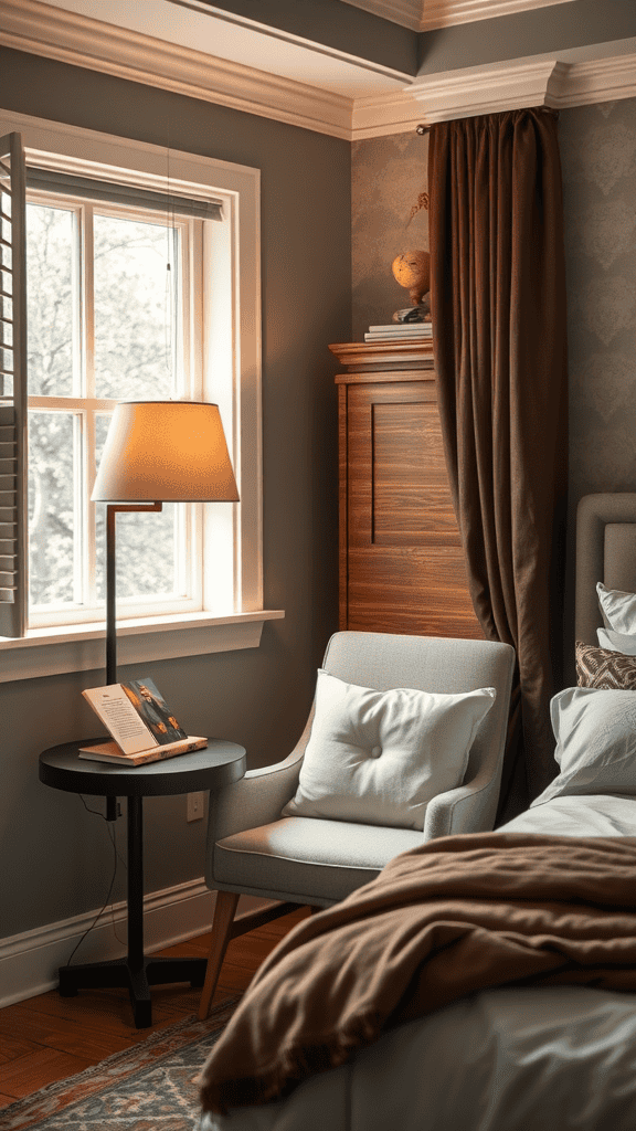 A cozy reading corner featuring a comfortable chair, a side table with a book, a lamp, and a window with natural light.