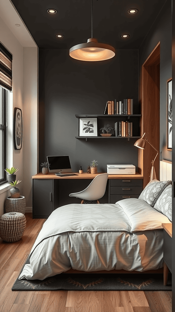 A stylish dual-purpose bedroom workspace featuring a bed, desk, and modern decor