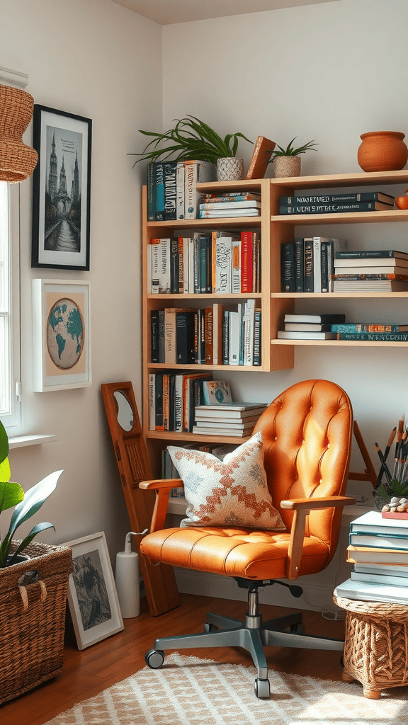 Cozy inspiration corner with an orange chair, bookshelves, plants, and framed art