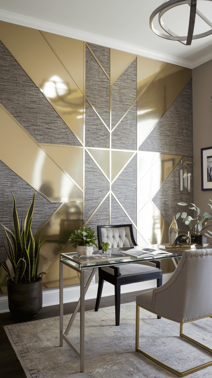 An office with a metallic accent wall featuring geometric designs, a glass desk, and stylish furniture.