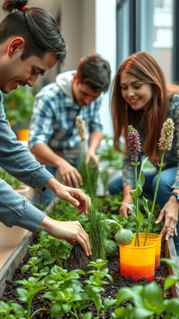 Three employees happily gardening together in a bright indoor space.