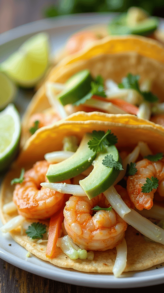 Delicious shrimp tacos with cabbage slaw, avocado, and lime slices on a plate