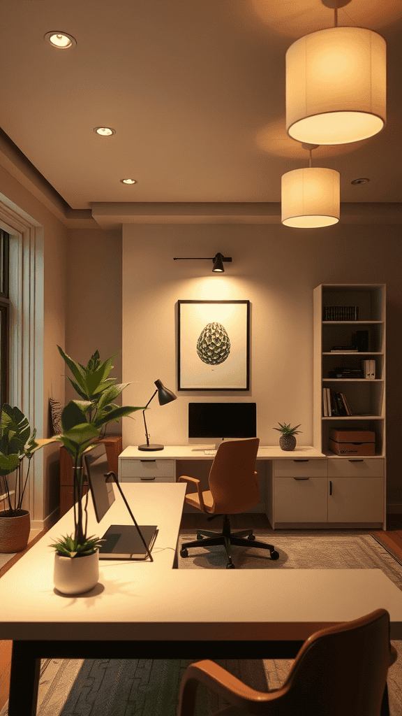 Cozy home office with simple lighting fixtures and minimalist design