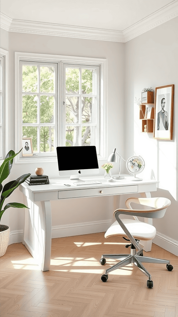 A modern desk with soft curves, featuring a computer and decorative items in a bright room.