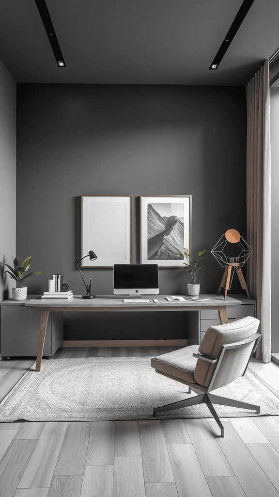 Modern workspace featuring gray walls, sleek desk, and minimal decor