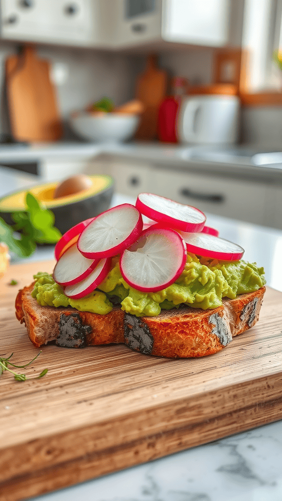 Smashed avocado toast topped with radish slices on a wooden board